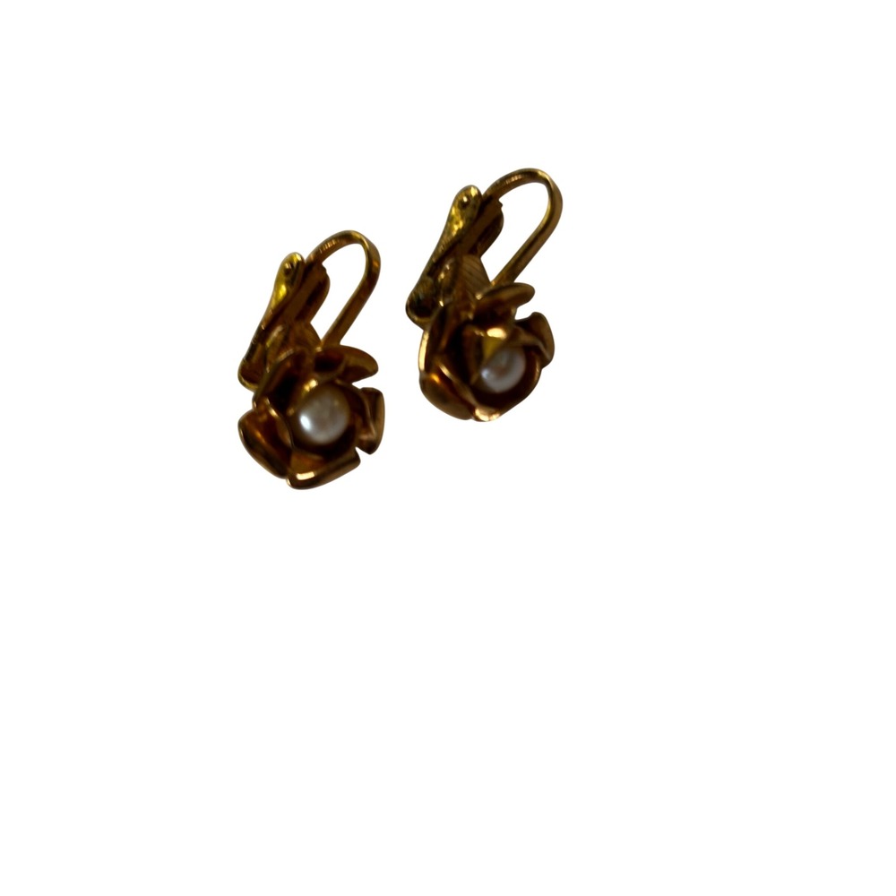 Vintage Earrings Gold Rose Faux Pearl Clip On Floral Cottagecore Romantic